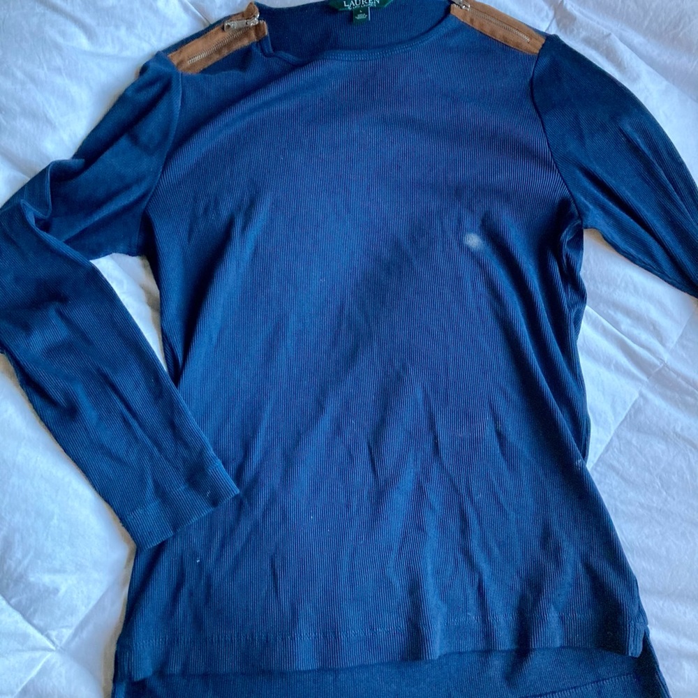 Ralph Lauren navy blue top with suede accent